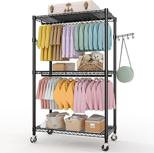 3-Tier Rolling Metal Garment Rack with Adjustable Shelves and Dual Hanging Rods, Heavy Duty Freestanding Clothing Organizer with Wheels for Bedroom, Closet, Dorm, or Laundry Room