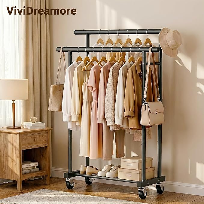 ViviDreamore Double Rods Clothes Rack, Rolling Clothing Rack for Hanging Clothes, Heavy Duty Metal Garment Rack, Multifunctional Coat Rack for Bedroom Laundry Living Room, Black