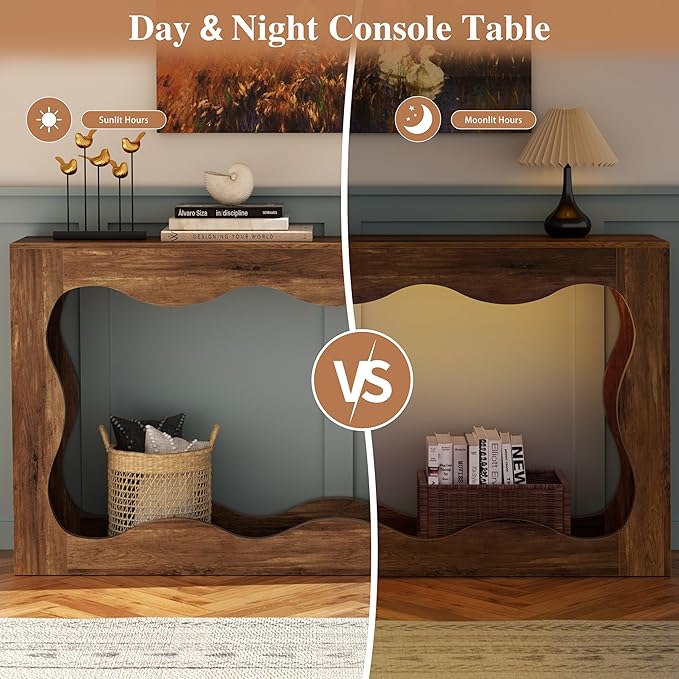 Vongrasig 63-Inch Farmhouse Entryway Table with Light Strips, Scalloped Console Table with Built-in Storage, Narrow Long Behind Couch, Wooden Curvilinear Sofa Table for Entrance, Hallway, Brown