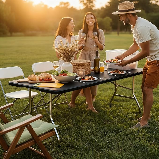 6FT Folding Table Set of 10 Portable Heavy Duty Plastic Table with Carrying Handle Fold-in-Half Utility Foldable Tables for Parties Wedding Events Dining Indoor Outdoor Picnic (Black)