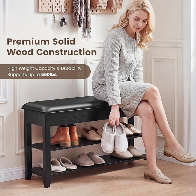 LBT Shoe Bench with Storage, Solid Rubberwood Shoe Storage Bench with Cushion, 2-Tier Shoe Rack for Entryway, Shoe Rack Bench with Deep Hidden Compartment and Stay-Open Hinge, 550lb Capacity Black