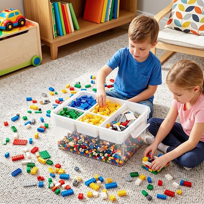 Citylife 17 QT Storage Bins with Building Baseplate Lid and Removable Tray Large Plastic Storage Bins Lego Organizers and Storage Bead, Tool, Sewing, 4 Packs
