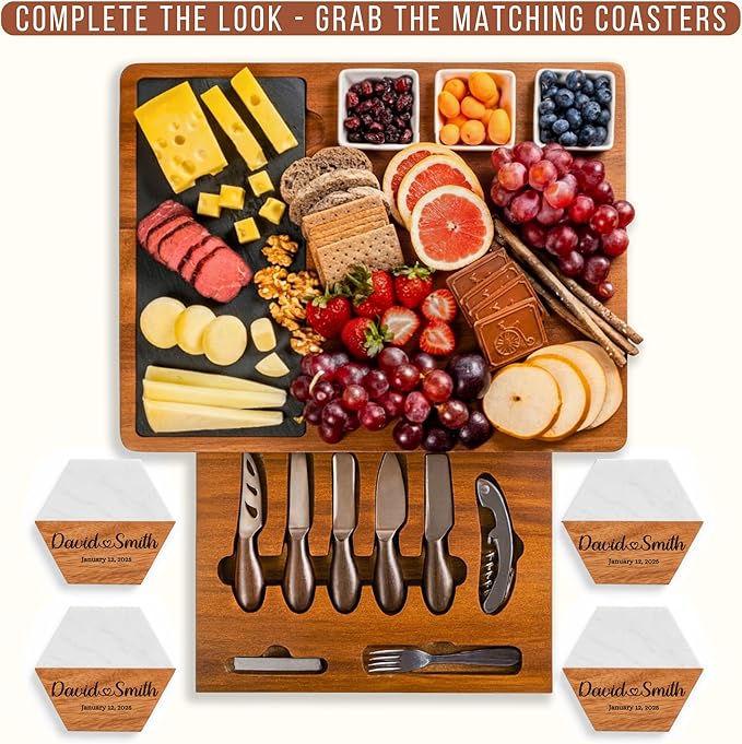 Personalized Acacia Wood Charcuterie Board Set with Stainless Steel Knives – Custom Cheese Board for Wedding, Anniversary, New Mom, Engagement, Housewarming, Bridal Shower, Women, Mother’s Day Gifts