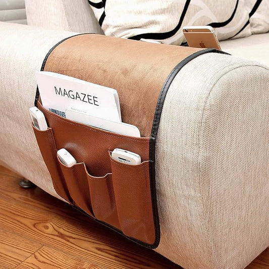 5 Pockets TV Remote Control Holder Couch Sofa Tray Armrest Organiser Oxford Chair Couch Caddy Sofa Armrest Bag Bedside Storage Hanging Organiser for Magazine Books Snack Mobile DVD Cellphone (PU-A)