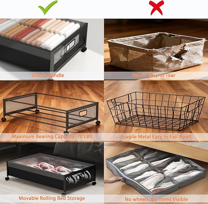 Under Bed Storage with Wheels, Rolling Underbed Storage Organizer, Heavy Duty Under Bed Storage for Clothes, Blankets and Bedding, Low Profile Underbed Container, Black