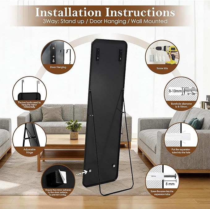 NARCISSUS 57x16 Mirror Door Hanging Full Length Body with Floor Stand or Wall Mounted Metal Aluminum Frame Tempered Glass Rectangle Mirrors for Bedroom Dressing Living Room Bathroom 57 inch Black