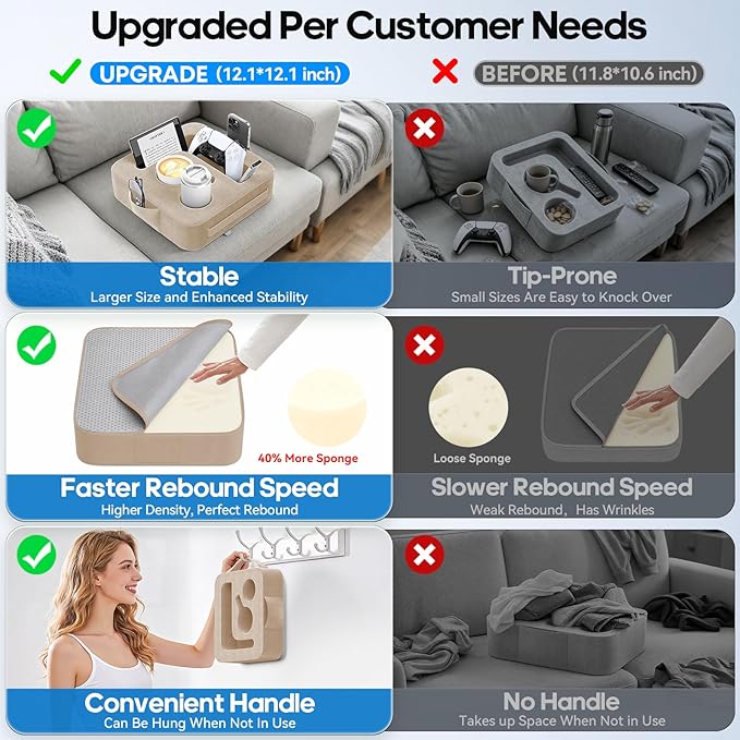 Couch Cup Holder Pillow, Sofa and Bed Organizer Caddy for iPad, Kindle, Switch, Game Controller, Remotes, Phones, Small-Sized Cup & Drink Holder for Couch, Bed, Desk, Car, Beach, Desk, Khaki