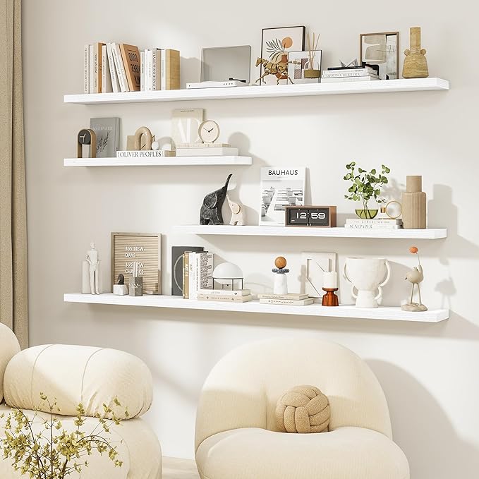 Dreamland Floating Shelves for Wall, Rustic White Floating Shelves for Bathroom|Bedroom|Kitchen, Deep Wall Mounted Book Shelf, Wood Storage Display Shelf for Home Decor, Set of 2
