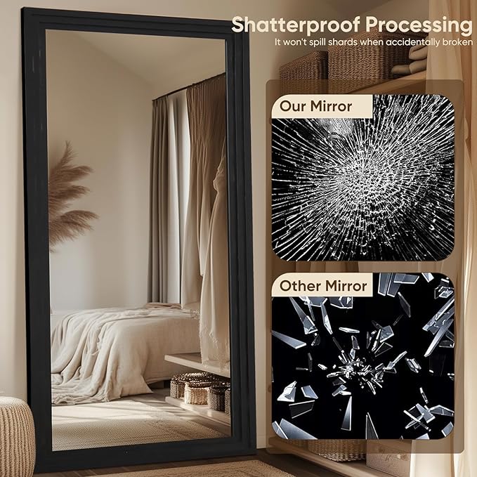 Full Length Mirror, 76"x34" Wooden Mirror Full Length with Stand Wood Floor Mirror, Oversized Stand Up Mirrors Large Wall Mirrors, Wall Mounted Mirrors, Rect Wood Style, Black