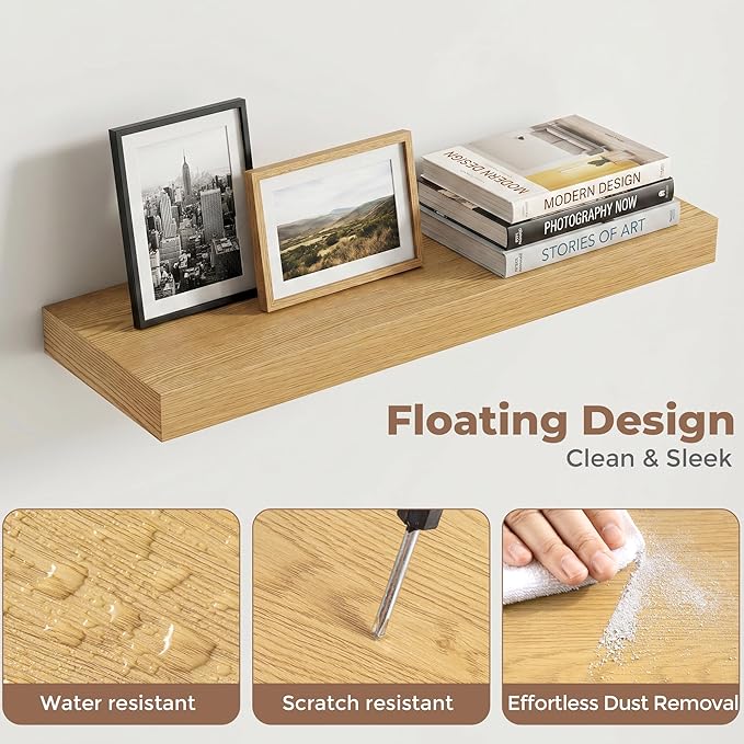 Venusmiles Floating Shelves for Wall, 20 Inch Floating Shelves Set of 2, 6.5" D Wooden Wall Mounted Display Shelves with Invisible Brackets for Living Room, Bedroom, Bathroom, Kitchen Decor, Oak