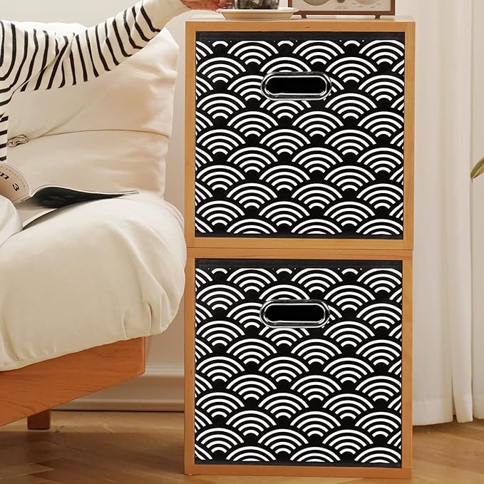 Fabric storage bins Cubes, Fabric Cube Organizer with Handle, Foldable Cube Bins for Cloth or Accessary Storage, 11x11x11, Set of 3, (Black clouds)