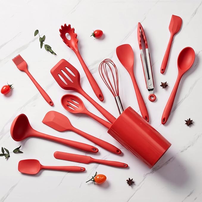 LIANYU 14 Pcs Cooking Utensils Set with Holder, Heat Resistant Silicone Kitchen Cookware Utensils Set, Kitchen Cooking Tools Includes Spatula Spoon Turner Whisk Tong, Dishwasher safe, Red