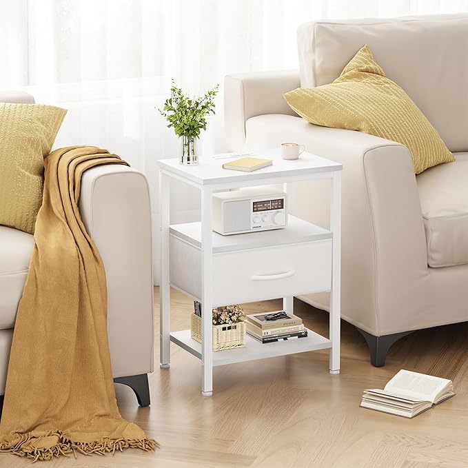 DUMOS Bedside Table with Charging Station and an Adjustable Fabric Drawer, and it is a Compact Nightstand, as Well as a 3-Tier Storage Organizer and an End Table for Bedroom, White