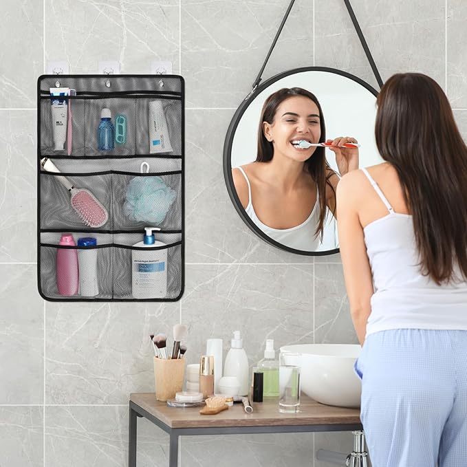 F-color Cruise Essentials 2026 - Mesh Shower Organizer Hanging with 7 Pockets for RV Gym Camping, Quick-Dry Portable Toiletry Bag with Metal Hooks for Bathroom Travel Toiletries, Black