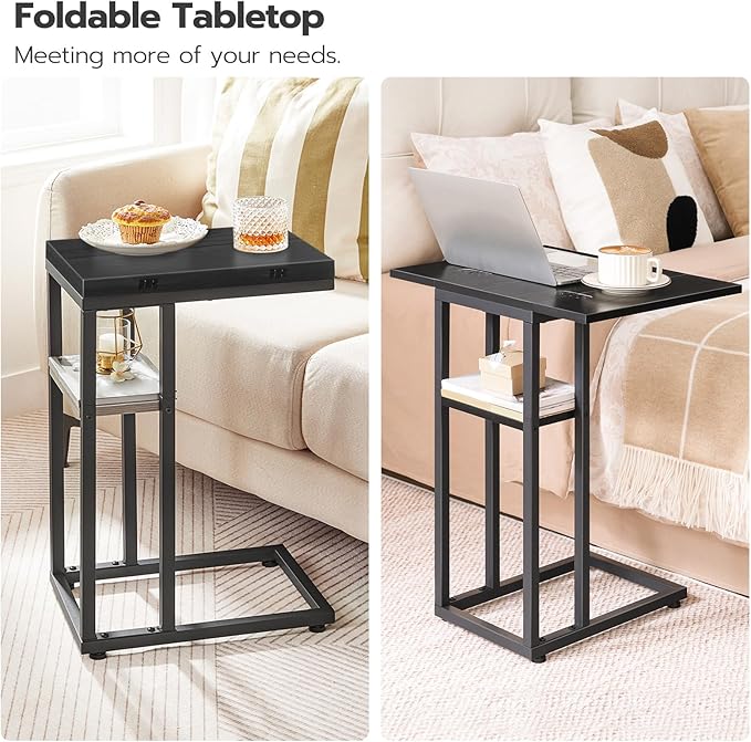 HOOBRO Foldable C Shaped End Table, C Shaped Side Table with Storage Shelf, Small Snack Table, Slide Under Couch Table for Sofa, Living Room Bedroom Small Spaces Easy Assembly, Black BK29SF01