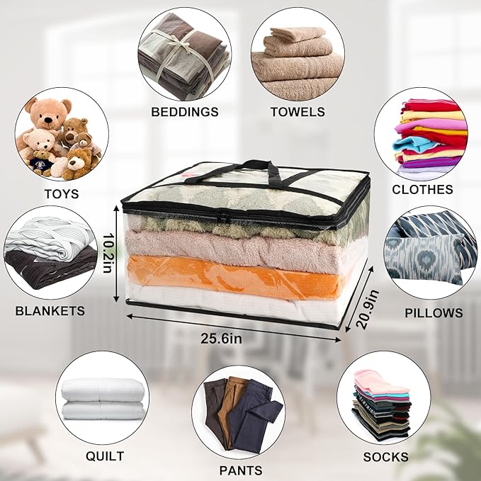 4Pack Clear Blanket Storage Bags, Vinyl Comforter Clothes Storage Closet Organizers and Storage Containers Moving Bags with Reinforced Handle for Bedding, Clothing, Comforters, Pillows, Toys,90L