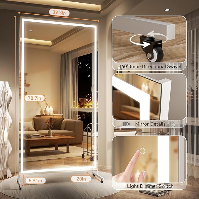 Hasipu 79" x 40" Full Length Mirror on Wheels with LED Light — Dimmable Warm/Natural/Cool, Shatterproof Tempered Glass, Wall Mountable, Rolling Dressing Mirror for Home Gym, Makeup, Yoga, Studio