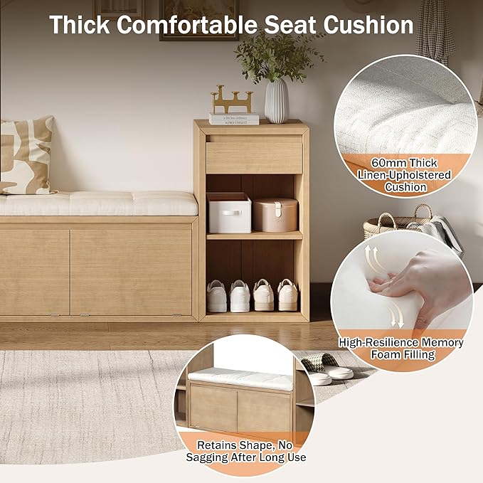 Merax All-in-One Shoe Storage Bench with Cushion & Flip Compartments, Entryway Bench with Drawers and Open Shelves, Solid Wood Storage Bench for Mudroom Hallway Living Room, Rustic Brown
