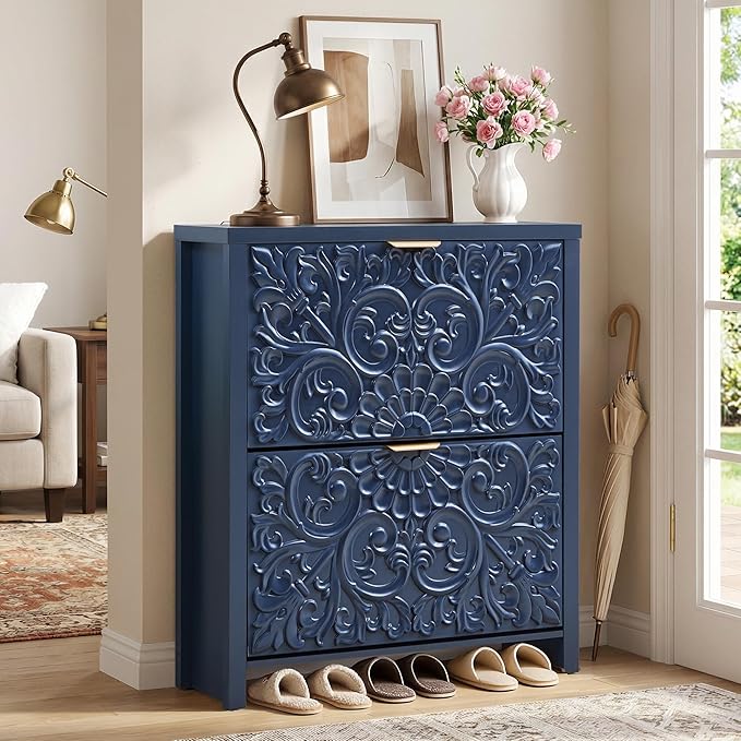 Shoe Cabinet with Flip Drawers, Narrow Shoe Storage Cabinet, 2-Tier Hidden Shoe Organizer with Carved Floral for Entryway, Mid-Century Modern Slim Shoes Storage for Hallway Foyer (1, Midnight Blue)