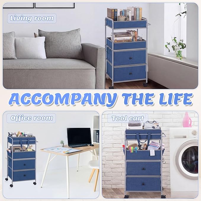 FoldTier 3In1 Baby Diaper Caddy Organizer Cart 4 Tier Large Capacity Metal Utility Bedside Rolling Cart with Divider Newborn Registry Nursery Essential Must Have Bedroom Gift Baby Shower (Blue)