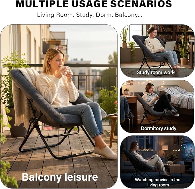 Tiita Comfy Folded Chair, Soft Faux Fur Oversized Folding Accent Chair, Lazy Chair for Teens Adults, Metal Frame Moon Chair for Bedroom, Living Room, Dorm Rooms