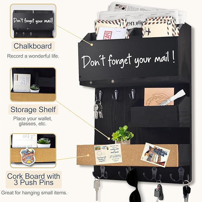 Mail Organizer Wall Mount，Key Holder Mail and Key Organizer for Wall with Shelf, Chalkboard, Corkboard, Home Decor for Room Office Entryway(Midnight Black)