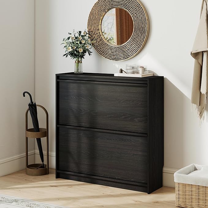 Shoe Cabinet with 2 Flip Drawers, Modern Narrow Shoe Storage Cabinet Organizer with Adjustable Shelf, Hidden Freestanding Shoe Rack for Entryway, Hallway, Living Room, Black