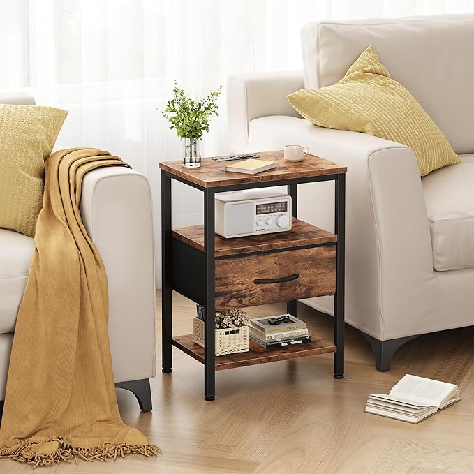 DUMOS Bedside Table with Charging Station and an Adjustable Fabric Drawer, and it is a Compact Nightstand, as Well as a 3-Tier Storage Organizer and an End Table for Bedroom, Brown