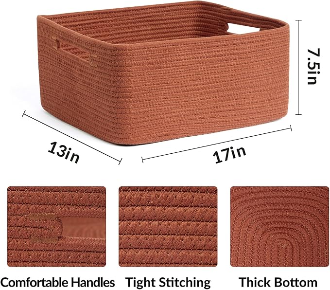 MiniArk Large Storage Baskets for Shelves, Closet Organizers Bins for Clothes Blanket Towels, Baby Nursery, Toy Baskets Box, Woven Rope Baskets, 17 x 13 x 7.5”, 3 Packs Oxide Red
