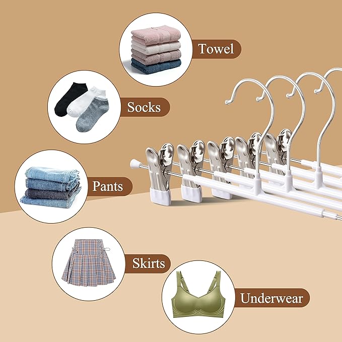 Pants Hangers with Clips 20 Pack Adjustable Skirt Hangers for Women Non-Slip Trousers Hanger for Jeans Clothes Hangers for Pants Heavy Duty Space Saving Shorts Hangers,White,12Inch