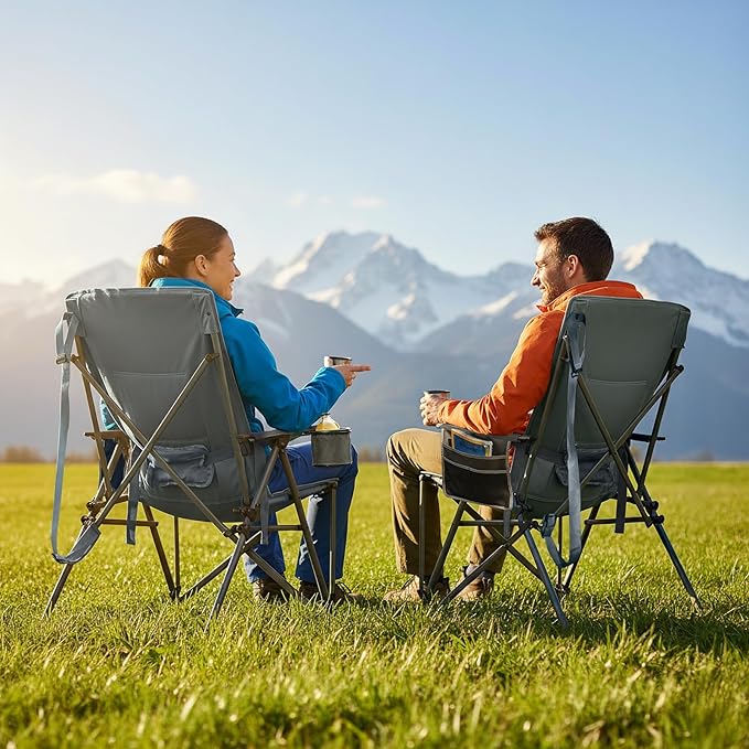 Timber Ridge Oversized Camping Chair with Lumbar Support, Portable Folding Chair Heavy Duty for Adults Supports 450 LBS for Outdoor Camping Lawn, with High Back, Cup Holder, Side Pocket, Grey
