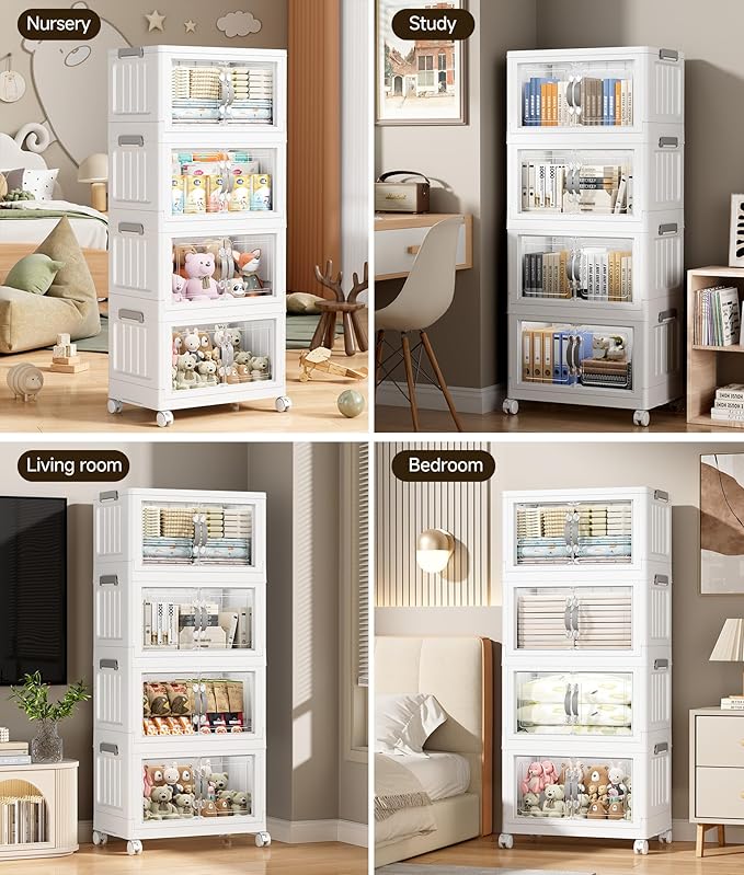 Hanyi 304 QT Stackable Storage Bins with Lids, 4 Tier Collapsible Plastic Storage Cabinet with Magnetic Doors, Removable Top Lid, Locking Wheels, Closet Organizer for Bedroom, Pantry, Office