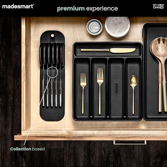 madesmart Large 11-Slot Knife Mat, Soft-Grip Non-Slip Kitchen Drawer Knife Organizer Insert for Medium & Large Knives, Black, 15” x 8”