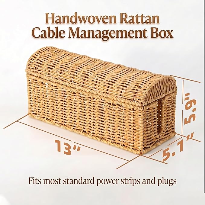 Cable Management Box, Handwoven Rattan Cable Organizer, Cord Organizer Box to Hide Cords & Power Strip, Boho Wire Hider Basket for Home Office, Dome Cover, Natural