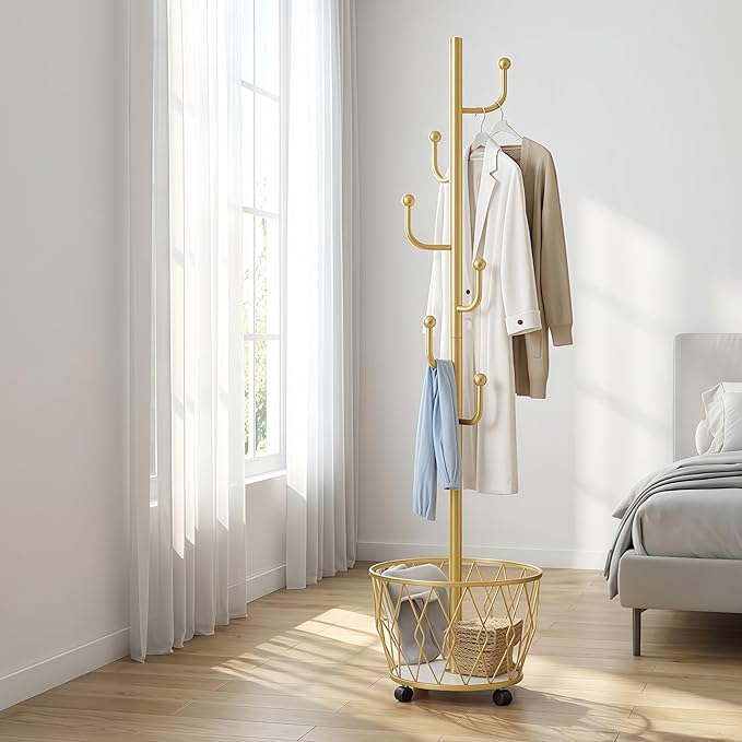 Cactus shaped Freestanding Metal Coat Rack Stand with Basket Modern Organizer for Scarf Jacket Hat Bags Ideal for Home Entryway Bedroom Corner Stable and Moveable (gold)