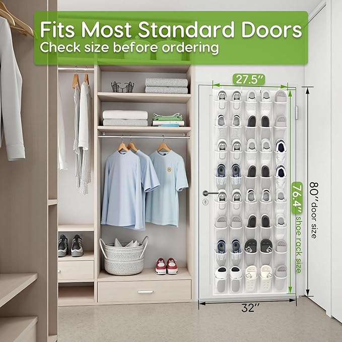 Over the Door Shoe Organizer with 40 Large Breathable Mesh Pockets, Space Saving Shoe Holder, Hanging Shoe Rack for Entryway Bedroom Closet Storage (White, 80 Pockets)