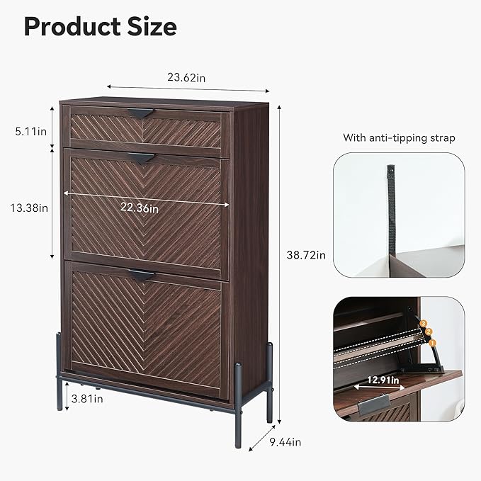 Shoe Cabinet Storage with 2 Flip Drawers, Narrow Hidden Shoes Organizer Cabinet for Entryway, Freestanding Slim Shoe Rack Front Door Entrance(Brown)