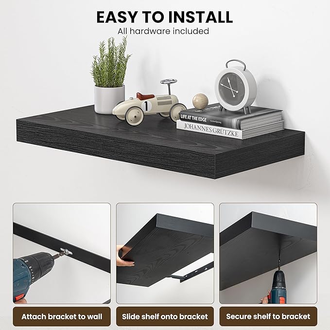 Dreamland 40" Floating Shelves for Wall, 12" Deep Thicker Black Floating Shelves, Wall-Mounted Shelves for Bedroom, Living Room, Kitchen, Bathroom - Set of 2