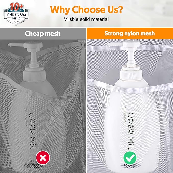 MISSLO 8 Pockets Mesh Shower Organizer Hanging Caddy with Rotating Hanger Quick Dry Bathroom Storage (White)