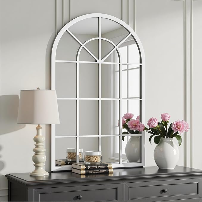 Arch Wall Mirror Mounted Decorative, 30"x42", Arched Window Pane Mirror for Wall-Mounted for Entryway, Bathroom Vanity, Living Room or Bedroom, Iron Frame, White