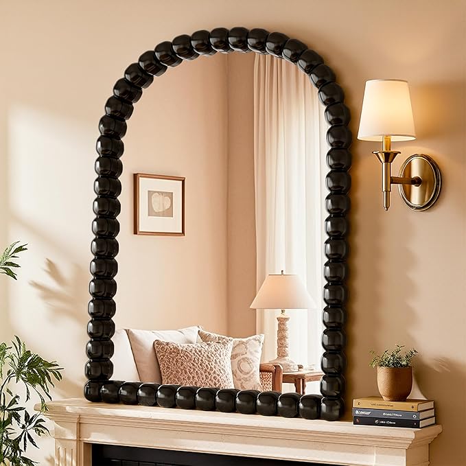 22"×30" Black Arched Bathroom Vanity Mirror, Vintage Beaded Decorative Wall Mounted Makeup Mirror, as Wall Decor Hanging Leaning for Fireplace Mantle, Living Room, Bedroom, Vanity Area