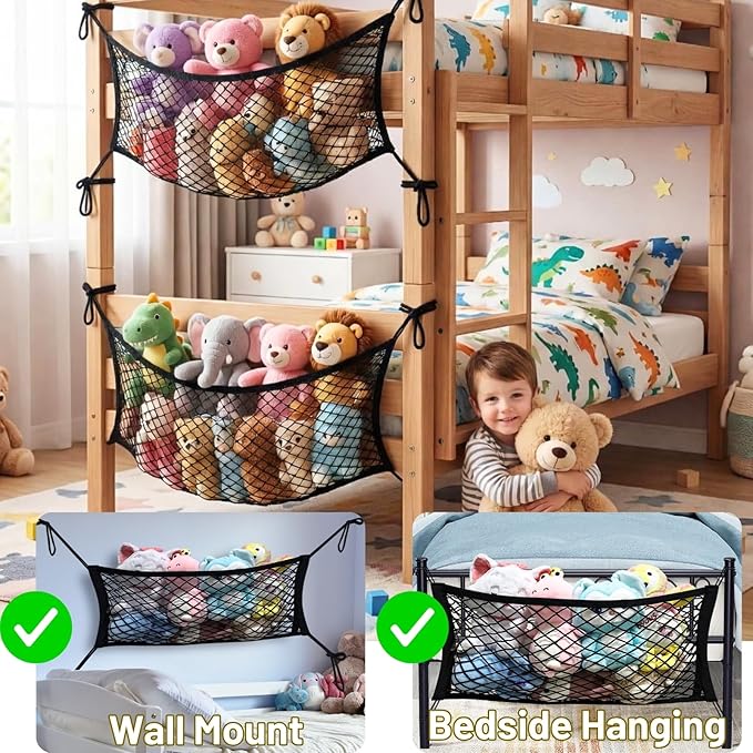 Stuffed Animal Storage Net for Kids, Bedside Toy Organizer Net - Neatly Store Your Stuffed Animals, Elastic Bedside Stuffed Animal Storage Net with Tether, Stretches up to 32 Inches, Black