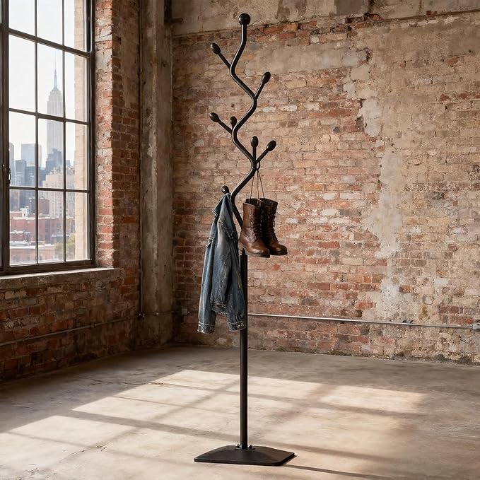 Coat Rack Freestanding Metal Coat Tree with 8 Hooks, Creative Design Tree Branch-look, Standing Coat Rack Coat Hanger Stand with Stury cast iron Base for Entryway, Hallway, Bedroom (black)