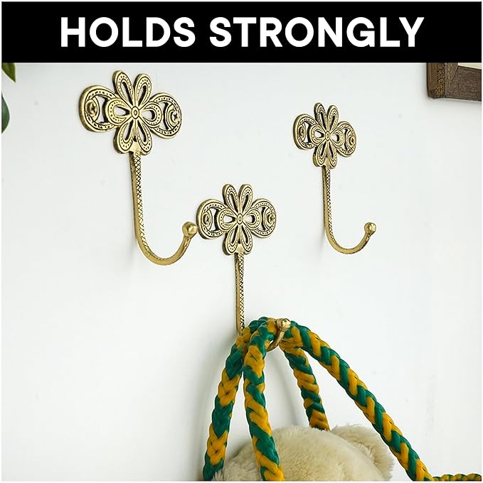 Indian Shelf 33 Lb. 3 Pieces Key Holder Flower Vintage Brass Decorative Wall Hooks for Hanging Unique Coat Rack Wall Mount Antique Towel Hangers Gold