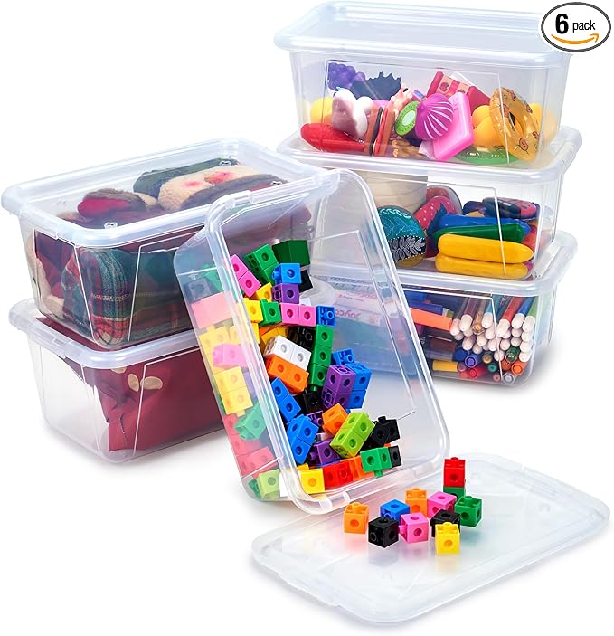 GAMENOTE 6 Quart Storage Bins with Lids, Plastic Latching Box for Classroom & Kids Toy Storage,Stackable Shoe Box Size Containers for STEM Morning Tubs, Crafts & Building Blocks (6, Clear)