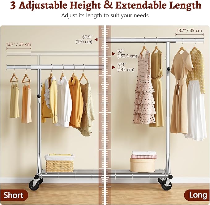 FAVOOSTY Heavy Duty Clothes Rack Load 450 LBS, Rollong Clothing Rack for hanging Clothes with Shelves, Freestanding Garment Rack, Portable Wardrobe Closet Rack for Laundry Room Bedroom, Silver