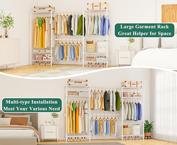 Heavy Duty Garment Rack, Portable Expandable Freestanding 4 Tiers Adjustable Wire Shelves Clothes Rack with 2 Retractable Poles, 70.9-86.6" L x 15.7" W x 76.8" H, Max Load 900LBS, White