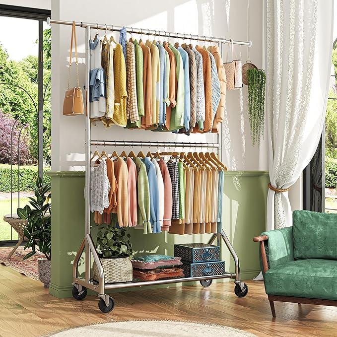 Simple Trending Heavy Duty Clothes Rack, Double Rod Clothing Rack for Hanging Clothes, Rolling Garment Racks with Lockable Wheels, for Bedroom Laundry Living Room, Chrome