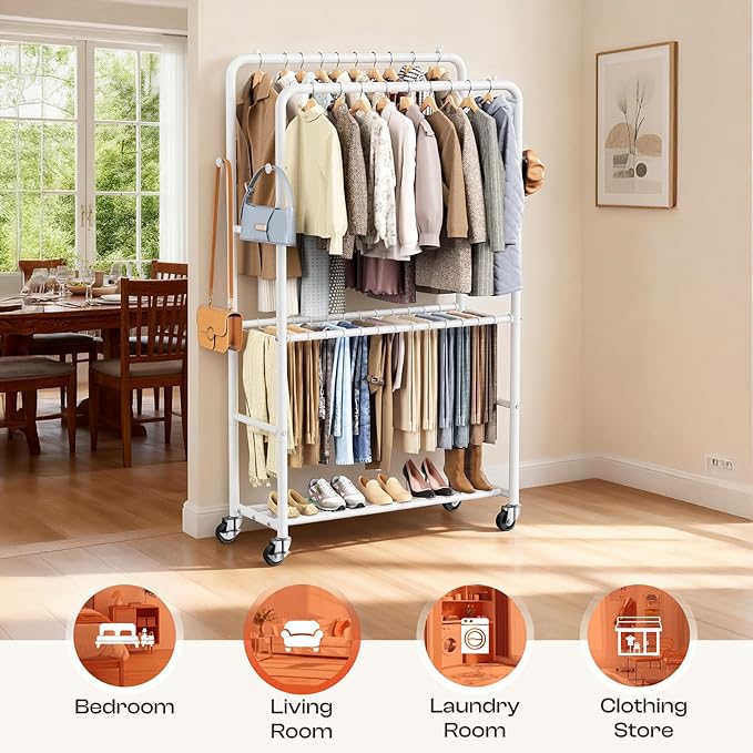 Clothes Rack - 4-Bar Double Rod Clothing Rack with 15 Pants Racks - Rolling Clothes Rack with Shelves - Portable Garment Rack for Bedroom Laundry Room Closet - White