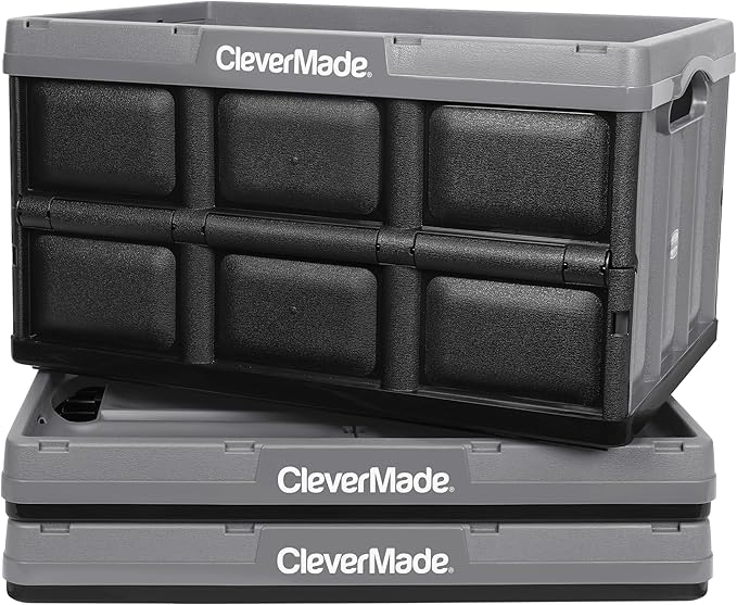 CleverMade Collapsible Storage Bins 62L (3-Pack) – Heavy Duty Collapsible Plastic Storage Bins, Large Stackable Folding Storage Bins for Garage, Car, Grocery & Home Organization - Stone